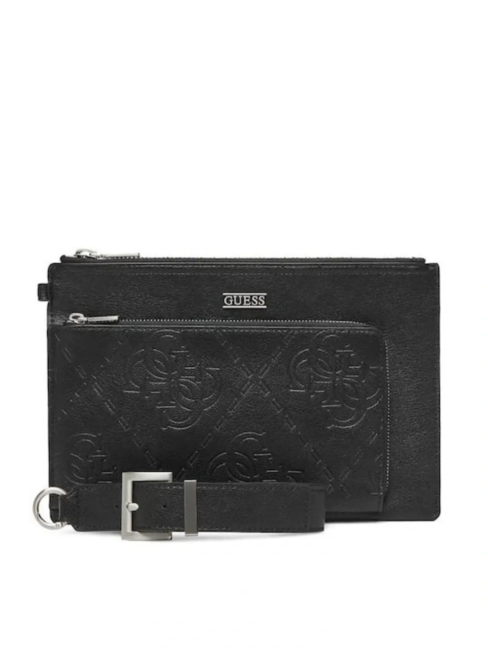 New GUESS Black Embossed Leather Zip-Top Wristlet Clutch